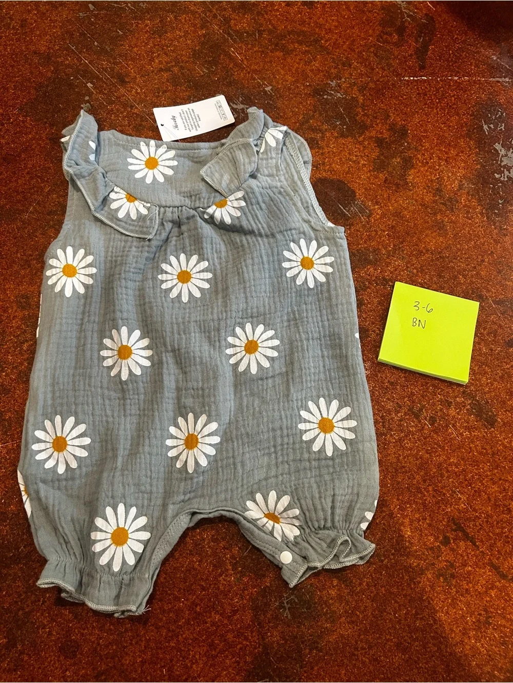 Baby Girl Daisy Cotton Romper - Greenish Gray with White Daisies